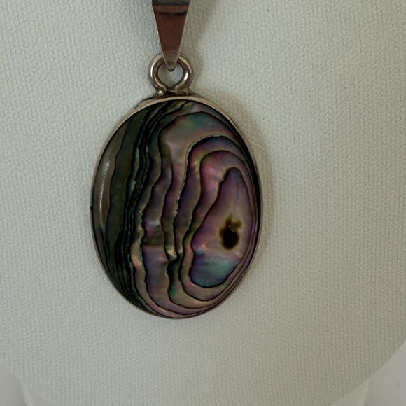 Sterling Silver 925 Necklace 32" Oval Abalone Shell Pendant Stamped Mexico TP-11 - Picture 2 of 4